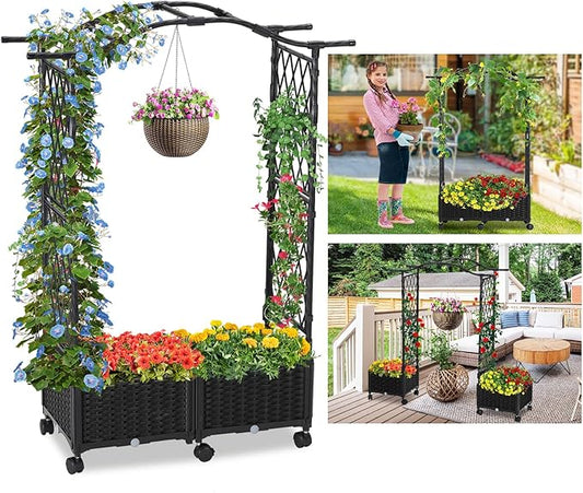 Planter Box with Trellis Outdoor, 57in Plastic Raised Garden Bed with Trellis Hanging Roof for Vine Flower, with Lockable Wheels & Drain Plug for Patio Backyard Balcony, Black, 1 Pc follook