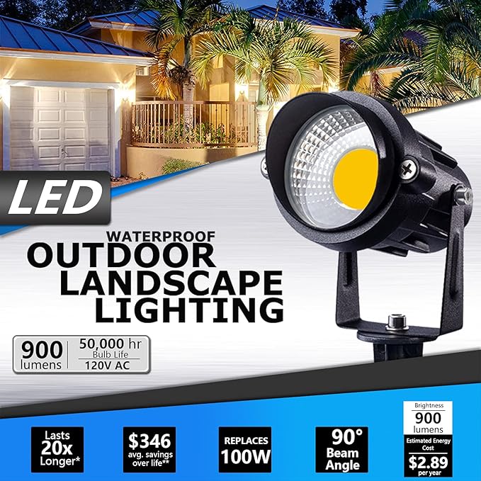 SUNVIE 120V Spot Lights Outdoor LED Landscape Lighting 12W AC Spotlights for Yard Waterproof Landscape Spotlight with Spiked Stake for Tree Garden Pathway Warm White Flag Lights US 3-Plug in, 4 Pack SUNVIE