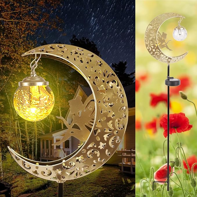 Solar Lights Outdoor Waterproof Fairy Moon Crackle Glass Lights with Metal Angel Decor for Walkway Yard Patio or Garden Gifts for Mom Grandma Friends QOCNAM