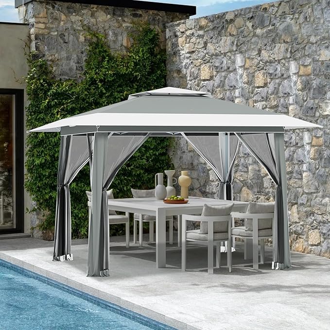 ECOTOUGE 13x13 FT Pop Up Canopy Tent with Mosquito Nettings, Patio Party Instant Shelte Gazebo w/Carrying Roller Bag Waterproof and UV Resistant for Outdoor Garden, Grill and Backyard, Grey-White ECOTOUGE