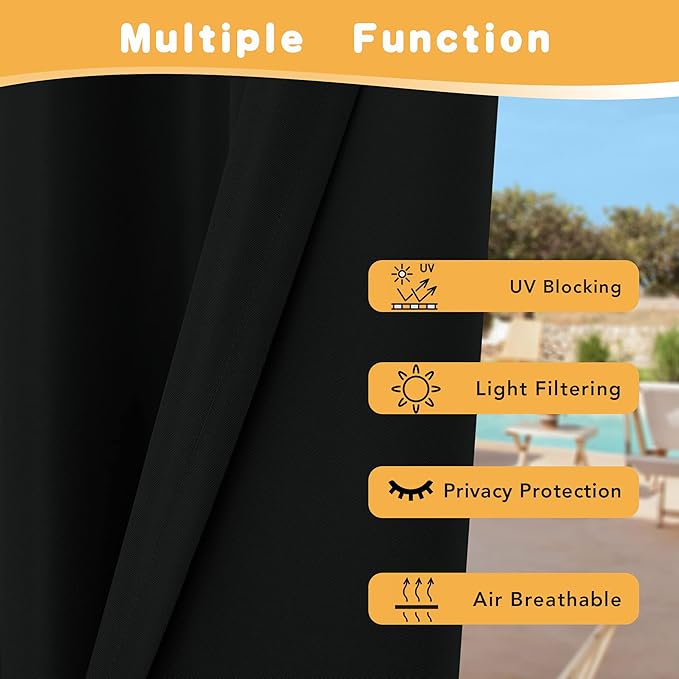 HolidayIdeas Outdoor Curtains for Patio Waterproof, 4 Panels - 54 x 108 Inch - Privacy Protection & Light Filtering Curtains Black Grommet Outside Curtains for Porch, Gazebo, Pergola, Backyard HolidayIdeas