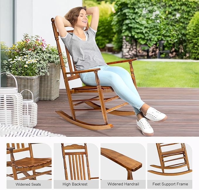 VINGLI Wooden Rocking Chair, Outdoor Chair with 450 lbs Support, Relaxing Rocker with Solid Wood High Back Seat Reclining Seat for Deck, Garden, Backyard, Porch, Indoor or Outdoor Use (Teak, 1PC) VINGLI