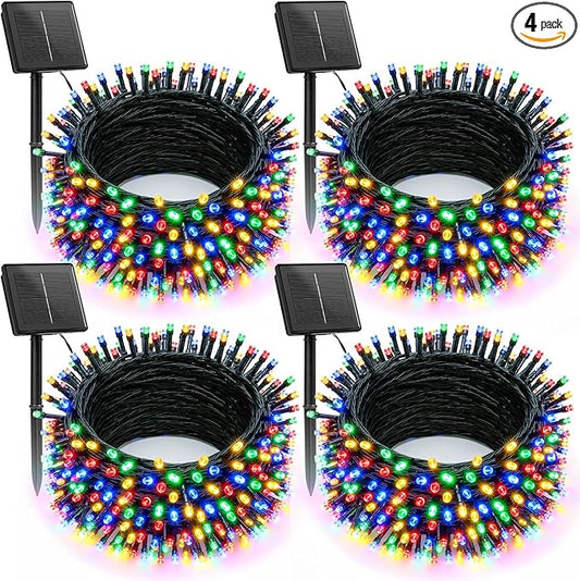 Brightown Solar Christmas Lights Outdoor, 4 Pack Total 184FT 480 LED Solar String Lights Outdoor Waterproof Green Wire with 8 Modes, Solar Fairy Light for Garden Yard Patio Party Decors, Multicolor Brightown