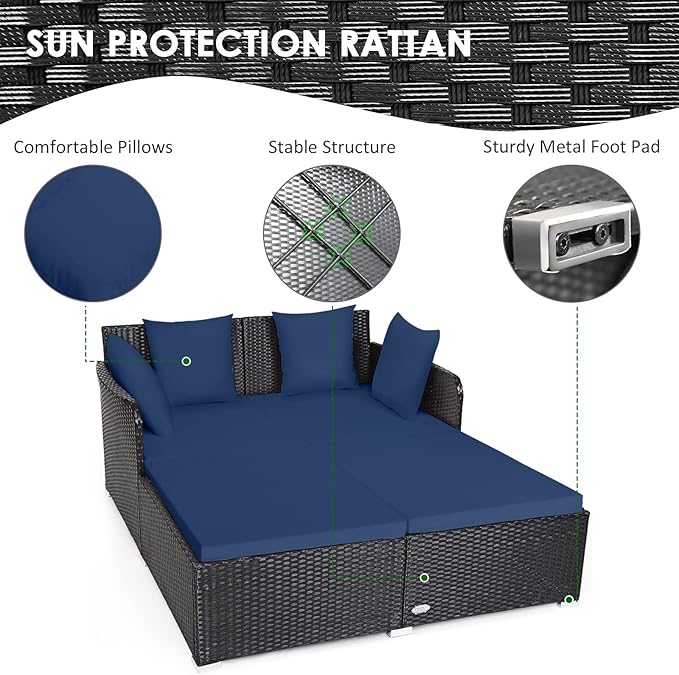 RELAX4LIFE Rattan Patio Outdoor Daybed, Wicker 2-Person Sunbed Loveseat with Soft Cushions, 4 Pillows, Curved Backrest & Armrest, Double Bed Lounger Sofa Set for Balcony Porch, Patio Bed (Navy) RELAX4LIFE