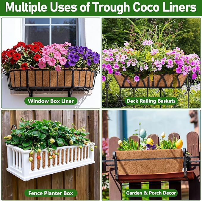 Riare 2 Pack 36 Inch Rectangle Coconut Liners for Planters, Natural Coconut Fiber Planter Liners, Window Box Liner Trough Coco Liner for Outdoor Flower, Garden Wall, Deck & Fence Planter Boxes Riare