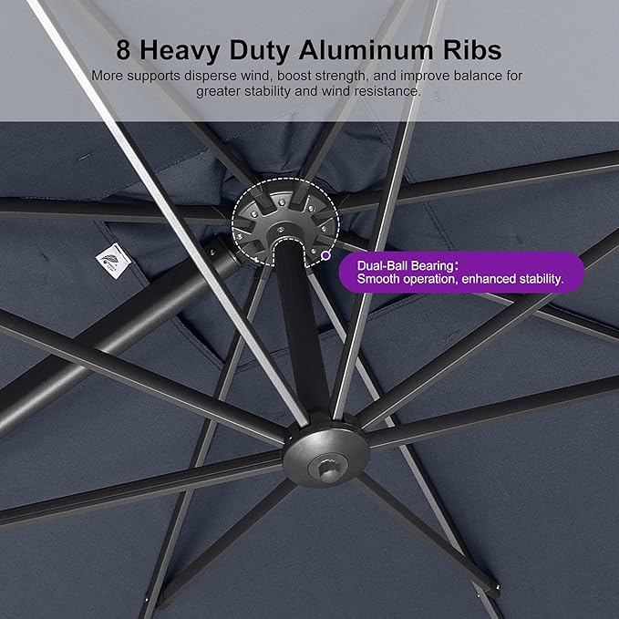 PURPLE LEAF Patio Umbrella 8' X 8' Rectangle Cantilever Umbrella Large Aluminum Outdoor Umbrellas with 360-degree Rotation & UPF40+ Premium Fabric for Deck Pool Garden Yard, Ocean Slate Rootora