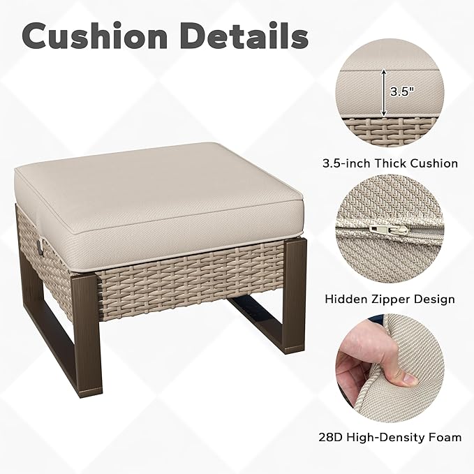 Joyside Outdoor Patio, All-Weather PE Rattan Ottomans Footstools with Removable Cushions & Anti-Rust Wood-Looking Legs for Garden, Backyard, Porch, Deck (Beige) Joyside