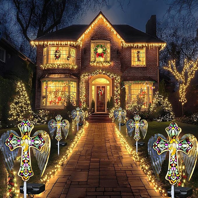 YJFWAL Solar Glass Cross Garden Stake Light, Cemetery Decorations for Grave Outdoor Lights, Easter Jesus Cross Angel Wings Sympathy Memorial Gifts, for Garden Lawn Yard Patio Decor YJFWAL