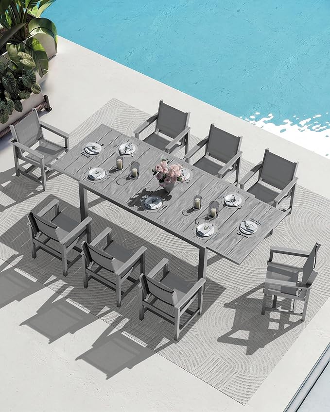 SERWALL 9-Piece Outdoor Dining Set, 60" - 83" Expandable Patio Dining Table with 6 Breathable Textilene Chairs, All Weather HDPE Patio Furniture Set for Backyard, Garden, Grey SERWALL