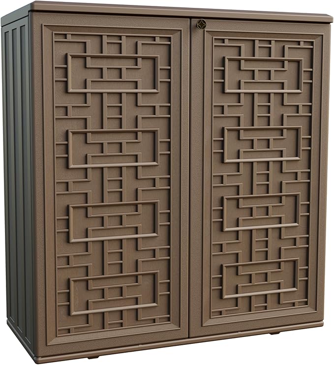 Indoor Outdoor Storage Cabinet Waterproof with 1 Shelf, Plastic Outdoor Storage Cabinets for Patio/Garden/Backyard, Size 34.3''L*15''W*36.2''H(Brown) Mrosaa