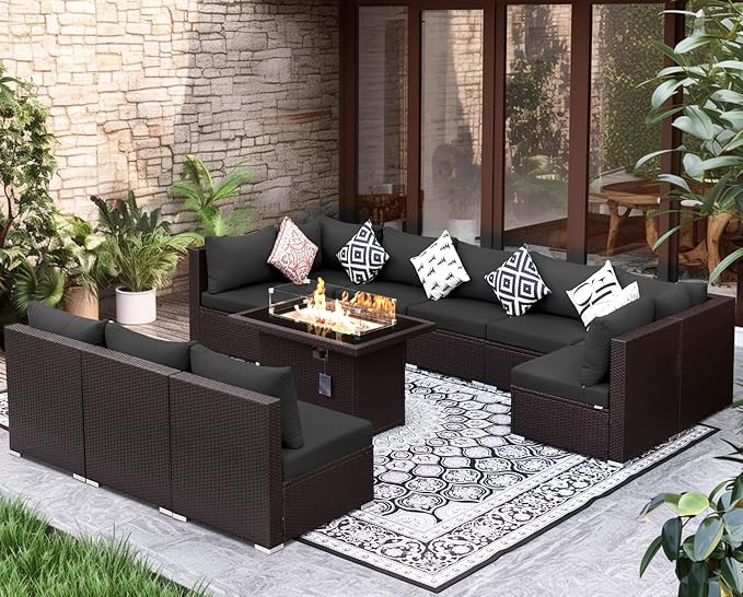 NICESOUL 11 Pcs Modern Outdoor Patio Sectional Furniture Set with Fire Pit Table, 29.3'' High Back Conversation Sets with Firepit, Cozy Large U-Shaped L-Shape Couches, Brown Rattan and Gray Cushion NICESOUL