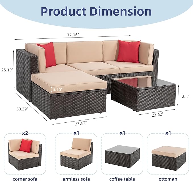 Vongrasig 5 Piece Patio Furniture Sets, Outdoor Patio Set Sectional Sofa, All-Weather PE Rattan Outdoor Couch with Ottoman, Glass Table for Garden, Backyard, Porch, Beige Vongrasig