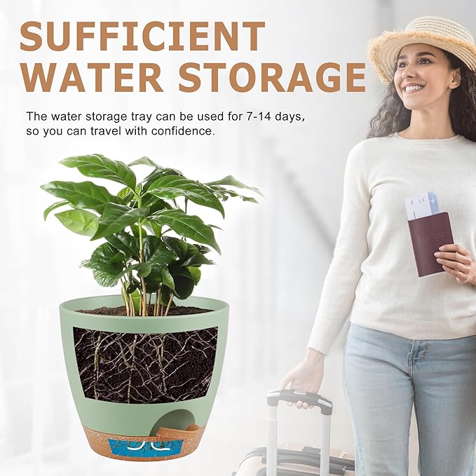 Plant Pots 8/7/6.5/6/5.5/5 Inch Self Watering Pots, Set of 6 Plastic Planters with Drainage Holes and Saucers,Plastic Flower Pots,Nursery Planting Pot for Indoor Out Door Plants（Green） QRRICA
