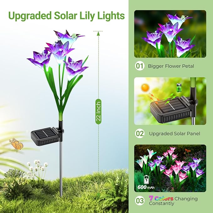 WdtPro Solar Outdoor Lights Garden Decorative 10 Pack, Waterproof Solar Garden Lights with 40 Lily Flowers, Multi-Color Changing Outdoor Solar Lights for Yard Outside Decorations WdtPro