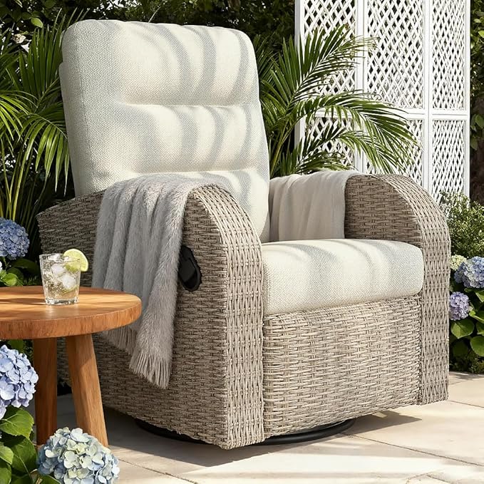 Outdoor Swivel Recliner Chair, All-Weather Wicker Reclining Patio Chair with Adjustable Backrest and Footrest Vakollia
