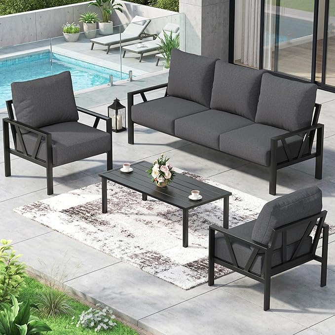 Outdoor Patio Furniture Set, 4 Pieces Metal Patio Furniture Set with Coffee Table, Modern Outdoor Patio Conversation Seating Set, Grey COMLAXFIELD