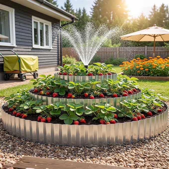 Pyramid Garden Kit, Strawberry garden Planter, 6 ft Diameter Base, Includes 3 Metal Bands, Sprinkler, Gloves, Hose, Plastic Connector for Herbs, Flowers, Ideal Gardening Gift for Yard Patio Rootora