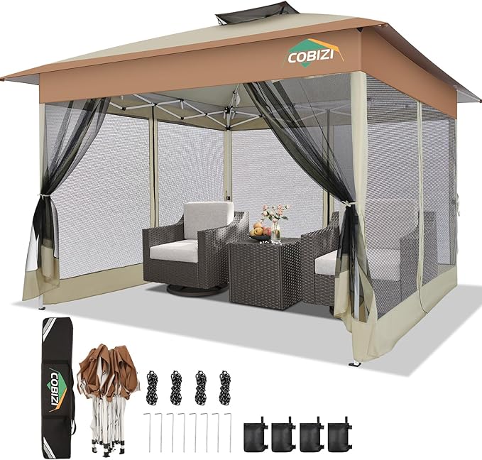 COBIZI Gazebo 13x13 Pop Up Canopy, Gazebos on Clearance - Canopy Tent with Mosquito Netting for Lawn, Garden, Backyard & Patio - Carpas para Patio- Water Resistant and UPF50+ (Khaki) COBIZI
