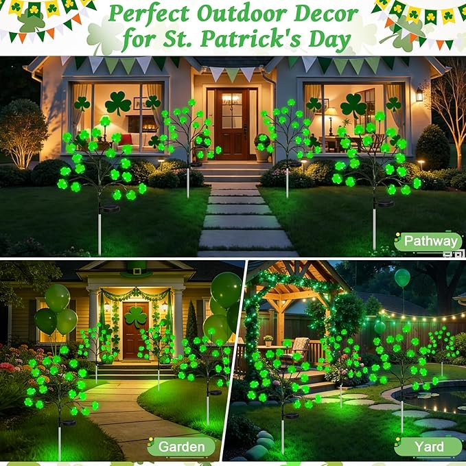 4 Pack St Patricks Day Solar Outdoor Lights, 80 LED St Patricks Day Decorations, Solar Shamrock Stakes Lights with 8 Modes, Waterproof Lucky Green Clover Pathway Light for Yard Garden Lawn Decor HELESIN