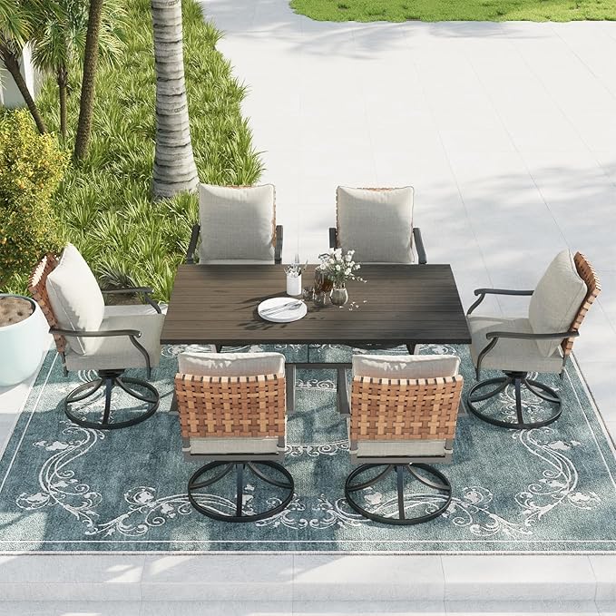 Grand patio 7-Piece Outdoor Dining Set, 6 Leather-Look Wicker Swivel Patio Chairs & 1 Rectangular Dining Table, Black GrandPatio
