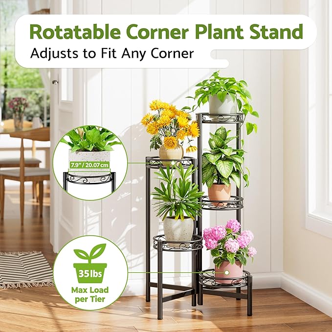 Metal Plant Stand Indoor Outdoor, 5 Tier 5 Potted Multiple Plant Shelf Stands, Wrought Iron Flower Holder Shelf, Folding Tall Rack Shelf for Patio, Balcony, Corner Living Room - BlackCircle Rootora