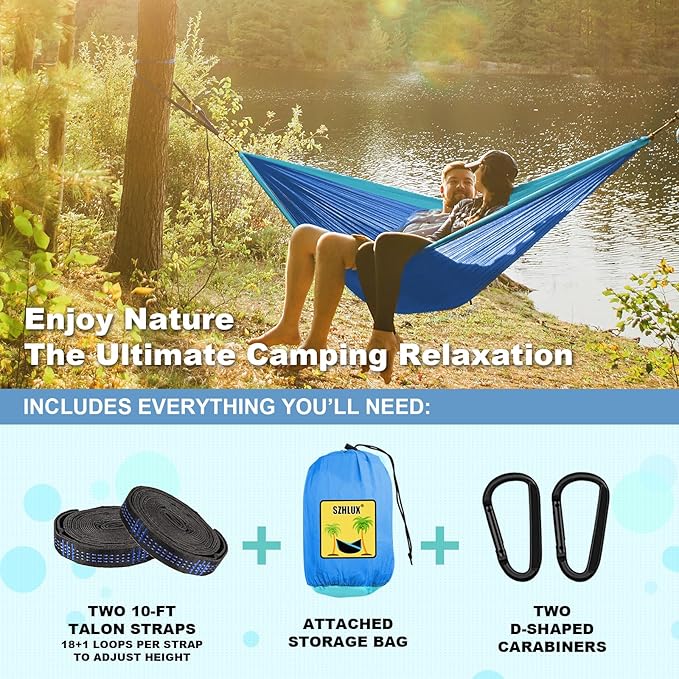 SZHLUX Camping Hammock Double & Single Portable Hammocks with 2 Tree Straps and Attached Carry Bag,Great for Outdoor,Indoor,Beach,Camping SZHLUX