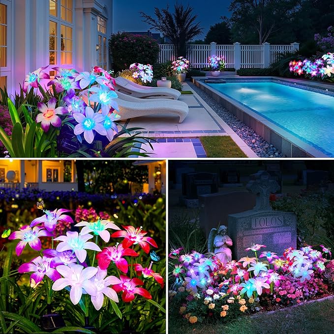 Solar Garden Lights Outdoor, 4 Pack Blooming Lily Solar Flowers Outdoor Waterproof, 7 Color Changing Bigger Flower Lights for Yard Patio Decor, Gift for Mom AHAORIGIN