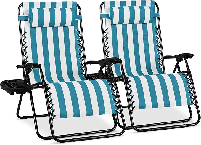 Best Choice Products Set of 2 Extra Wide Adjustable Steel Mesh Zero Gravity Lounge Chair Recliners w/Pillows and Cup Holder Trays - Peacock Blue Stripes BestChoiceProducts