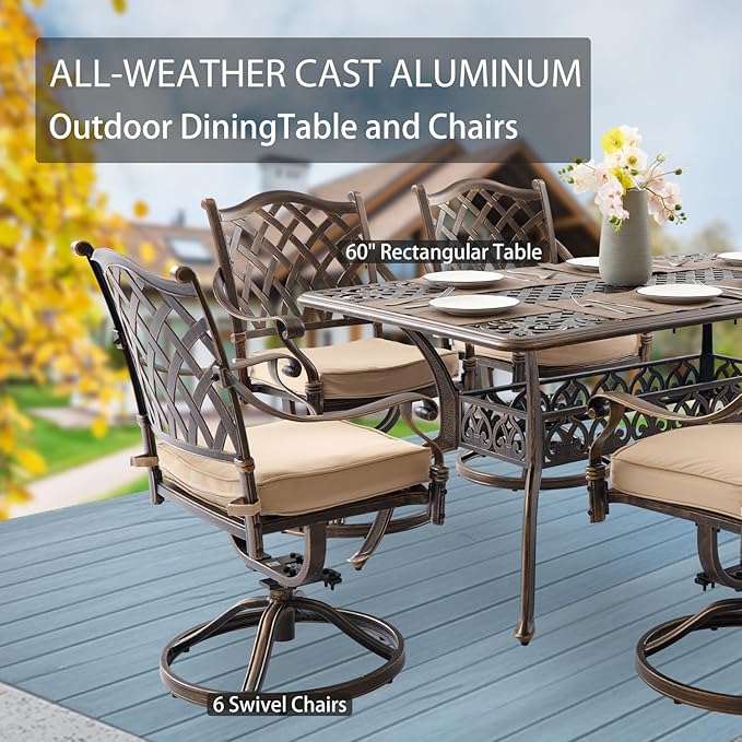 7-Piece Cast Aluminum Patio Furniture, Patio Dining Set for 6 Include 59" Rectangular Outdoor Dining Table and 6 Swivel Chairs with Cushions & Umbrella Hole(Bronze) Rootora