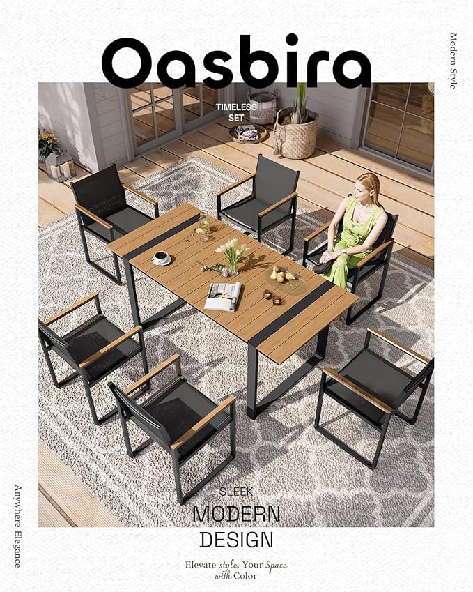 Outdoor Table and Chairs of 4, Patio Dining Sets, HDPS + Aluminum Outdoor Furniture Set with Umbrella Hole, Patio Dining Table Set (Gray-Teak) Oasbira