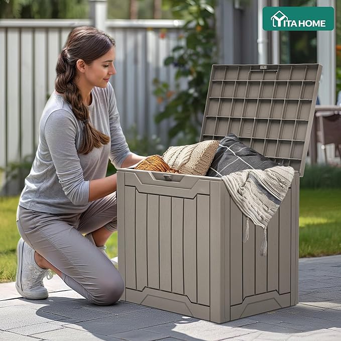 YITAHOME 31 Gallon Outdoor Storage Box, Resin Deck Box and Waterproof Package Delivery Box for Gardening Tools, Pool Supplies, Patio Furniture, Lockable, Taupe YITAHOME