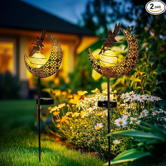 Fairy Garden Solar Lights Outdoor Moon Stakes, Waterproof Outdoor Metal Decor Gifts for Women Mom, Art Moon Sculpture for Yard, Patio, Garden, Porch, 2 Pack Suncket