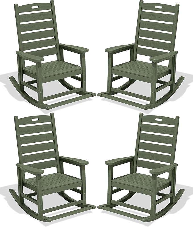 SERWALL Outdoor Rocking Chair Set of 4, Oversized HDPE Patio Rocking Chair with Footrest for Adults, All Weather Porch Rocker for Deck Patio Balcony, Avocado Green SERWALL