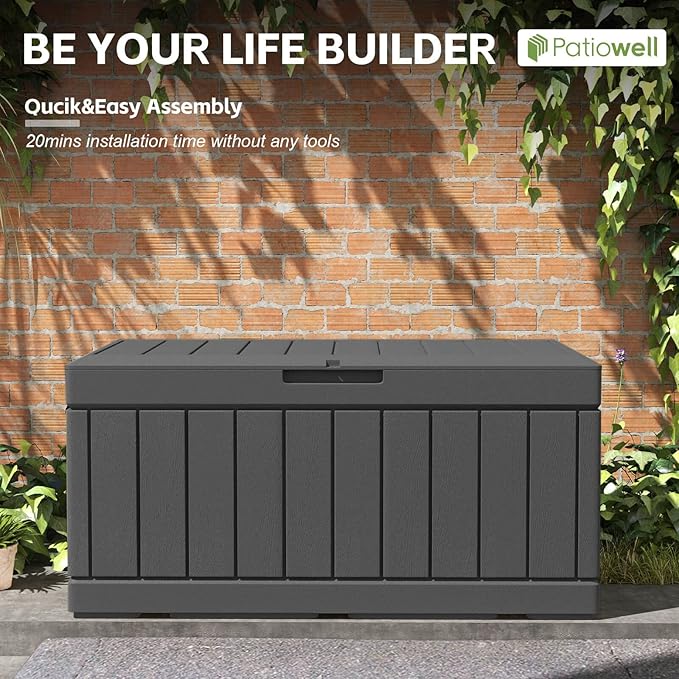 Patiowell 82 Gallon Resin Deck Box, Waterproof Large Wood Look Storage Box for Patio Furniture, Pool Accessories, Garden Tools and Sports Equipment, Lockable, Black Patiowell