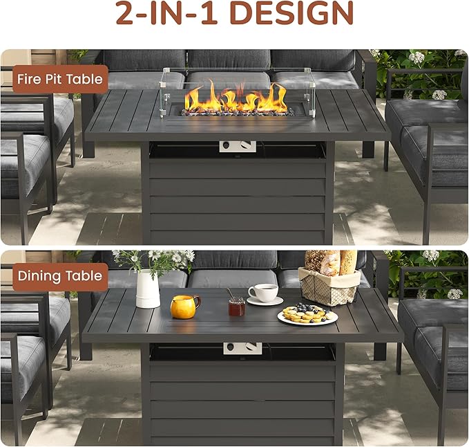 Solaste Aluminum Patio Furniture Set with Fire Pit Table, 4 Piece Metal Outdoor Furniture with Water-Resistant Cushions, Modern Patio Conversation Set for Balcony, Front Porch, and Backyard, Grey Solaste