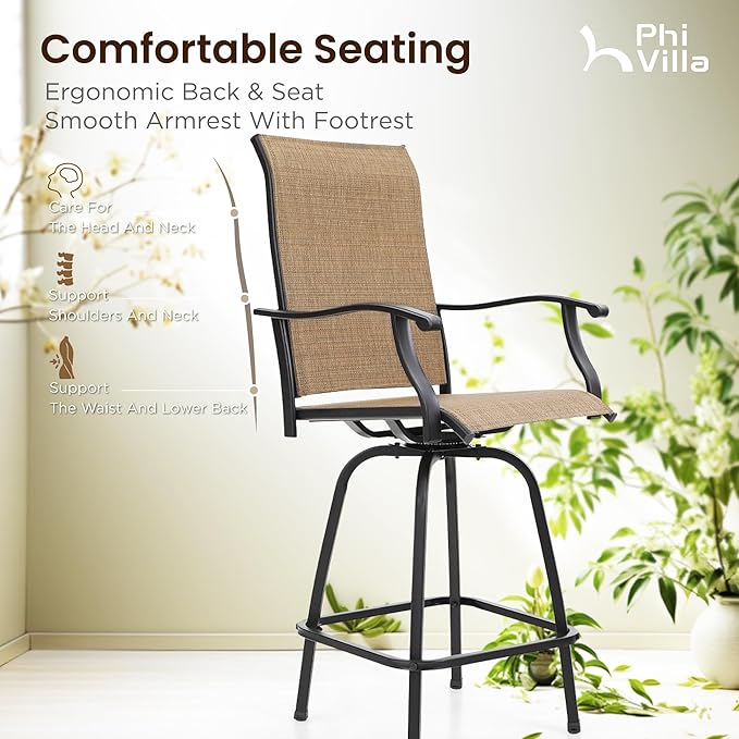 PHI VILLA Outdoor Patio Swivel Bar Set of 11, Textilene Bar Height Chair with Armrest and Wood Like Bar Table, All-Weather Furniture Set for Garden Lawn PHIVILLAThepioneerofcomfortablehouseholdsupplies