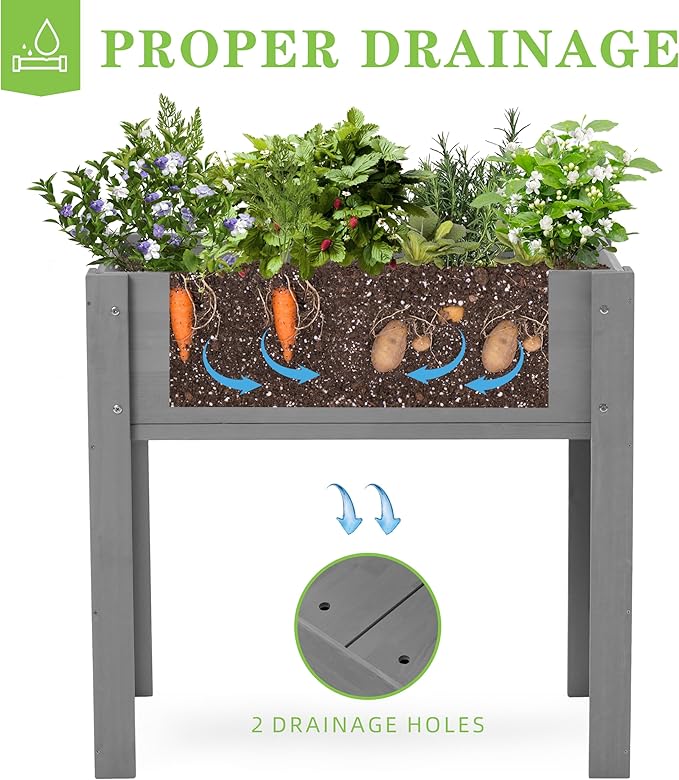 Raised Garden Bed with Legs, 31x16x31'', Outdoor Wood Elevated Planter Box, Grey Cedar, Thick Legs, w/Liner OutdoorFurniture