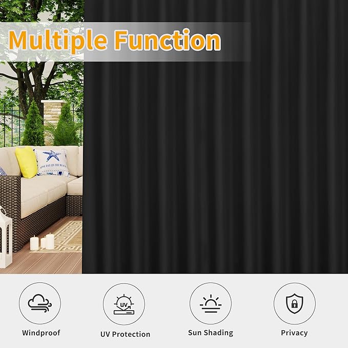 Easy-Going Outdoor Patio Curtains Detachable Tab Top Windproof Weatherproof Curtain for Cabana, Porch, Pergola and Gazebo, Tab Bottom Drape, 2 Panels, 54W x 84L inch, Black Easy-Going