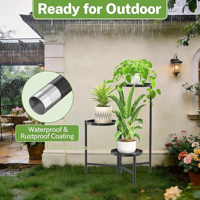iDavosic.ly 3 Tier Large Plant Stand Indoor with 10 Inch Wide Tray, Tiered Corner Metal Outdoor Flower Display Holder Shelf, Folding Tall Rack for Patio Porch Living Room, Modern Black iDavosicly