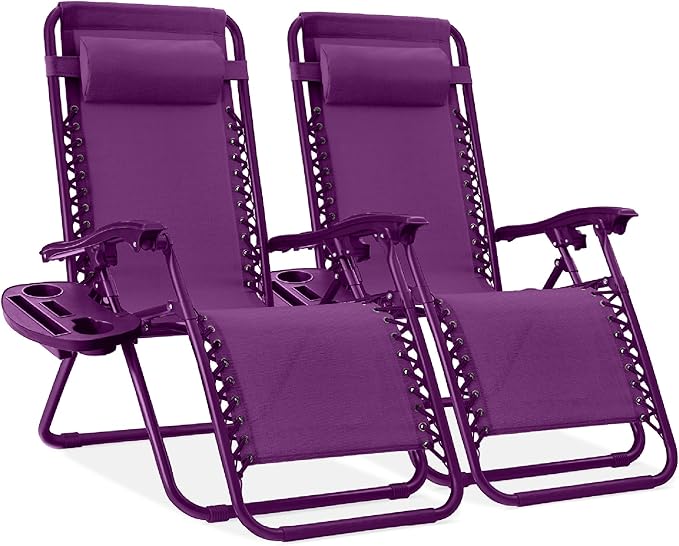 Best Choice Products Set of 2 Adjustable Steel Mesh Zero Gravity Lounge Chair Recliners w/Pillows and Cup Holder Trays - Amethyst BestChoiceProducts