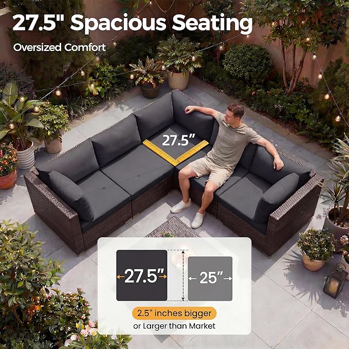 NICESOUL 11 Pcs Modern Outdoor Patio Sectional Furniture Set with Fire Pit Table, 29.3'' High Back Conversation Sets with Firepit, Cozy Large U-Shaped L-Shape Couches, Brown Rattan and Gray Cushion NICESOUL