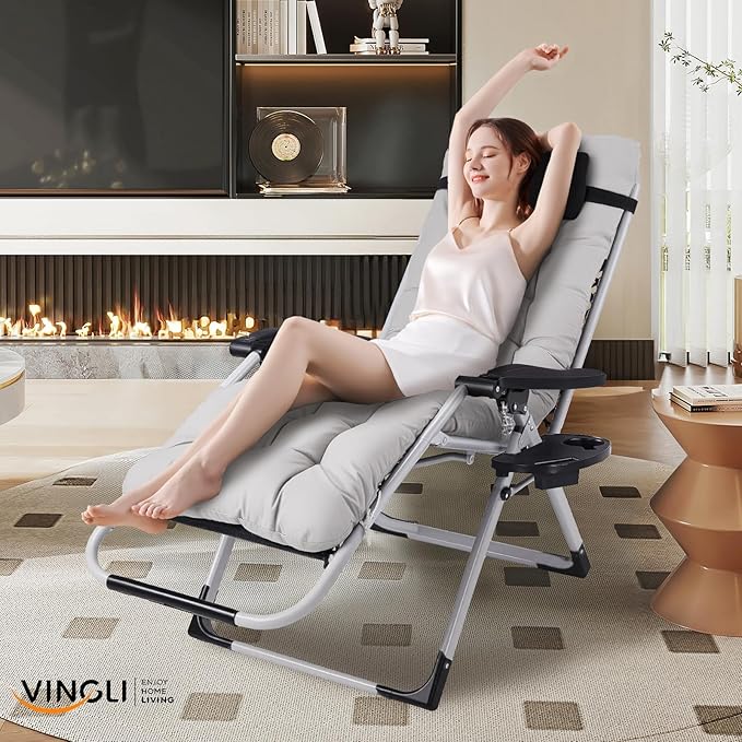 VINGLI Padded Zero Gravity Chair, Lounge Chair with Removable Cushion & Tray， Folding Reclining Patio Chairs， Recliner Chair for Lawn，Indoor and Outdoor VINGLI