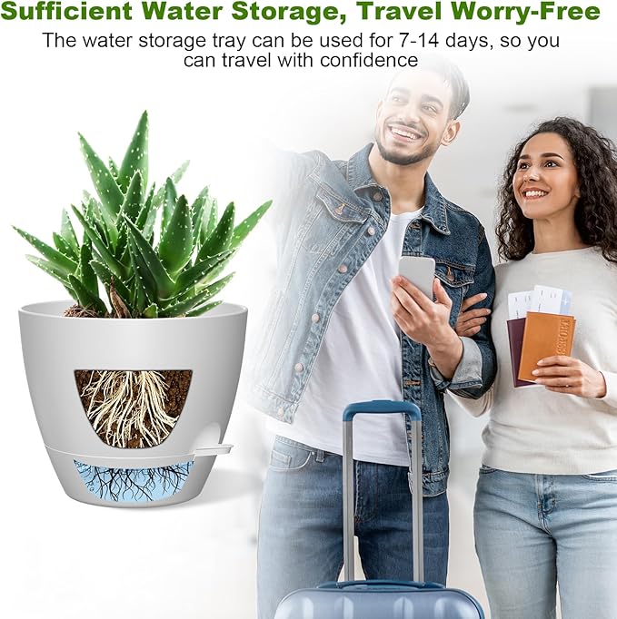 12 Inch Large Self Watering Pots, Flower Pots with Multi-Mesh Drainage Holes and Saucer, Planters for Indoor and Outdoor Garden Plants (White) Rootora