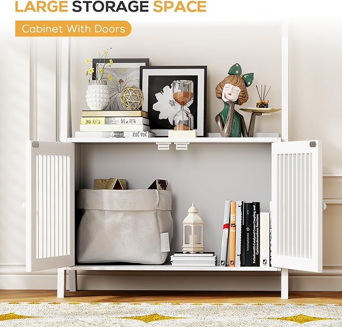 4-Tier Ladder Shelf with Drawers 59.5"H x 24.8"L x 10.6"W, Ladder Bookshelf with 6 Hooks, Tall Narrow Retro Bookcase, Freestanding Storage Shelf for Living Room, Home Office, Bedroom, White OAKVIVOElegantLifestyle