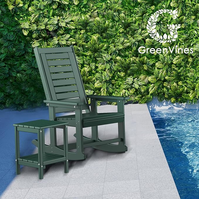 GREENVINES Outdoor Rocking Chair Set | 3-Piece | 2 Rocking Chairs with 1 Side Table | Porch Rocker | HDPE Plastic | Forest | Patio Furniture Sets | High Back | Big & Tall | Ladder Back GreenVines