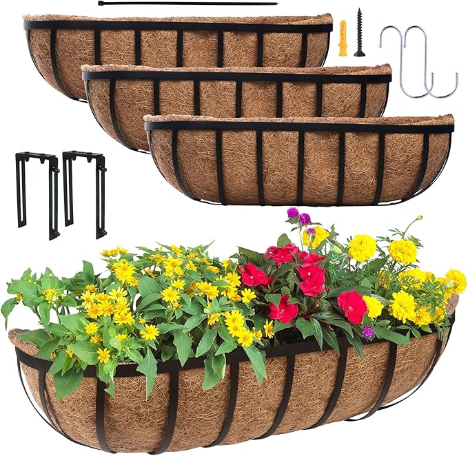 DUNCHATY Railing Planter Window Box - 4 Pack 24" Horse Trough Planter with Coco Fiber Liner - Deck Balcony Rail Planter for Porch Fence Patio Outdoor DUNCHATY