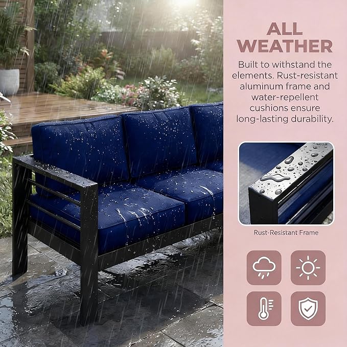 Kiss the Water Outdoor Couch Aluminum Patio Furniture Sofa, 3 Seat All-Weather Metal Patio Couch with 5" Thick and Soft Cushion and Wide Arm, Outdoor Sofa for Balcony, Porch KisstheWaterPatioTool