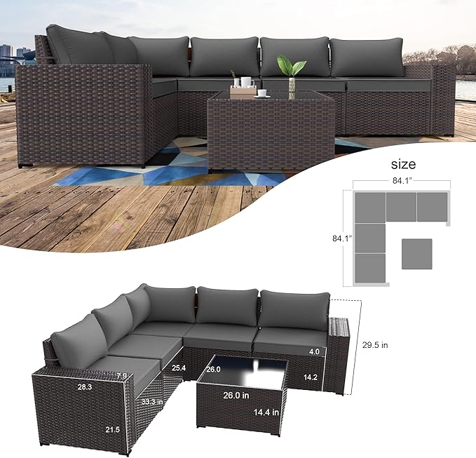 Kullavik 6PCS Outdoor Patio Furniture Set PE Wicker Rattan Sectional Sofa Patio Conversation Sets,Grey KULLAVIK
