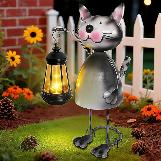 Garden Decor Cat Solar Statues,Unique Garden Statues Cat with Solar Lantern Waterproof, Birthday Gifts for Women Mom Grandma, Front Patio Balcony Yard Art Lawn Ornaments Porch Outdoor Decoration yulloyello