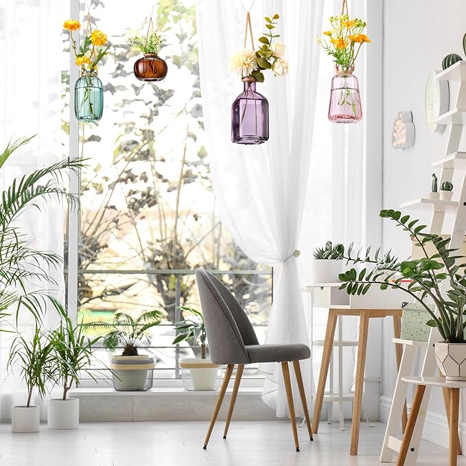 4 Pcs Stained Glass Hanging Vases Hanging Glass Planters Small Plant Terrarium Pot Containers with Rope for Garden Home Indoor Outdoor Decor, 4 Styles (Fashionable) Wonderjune